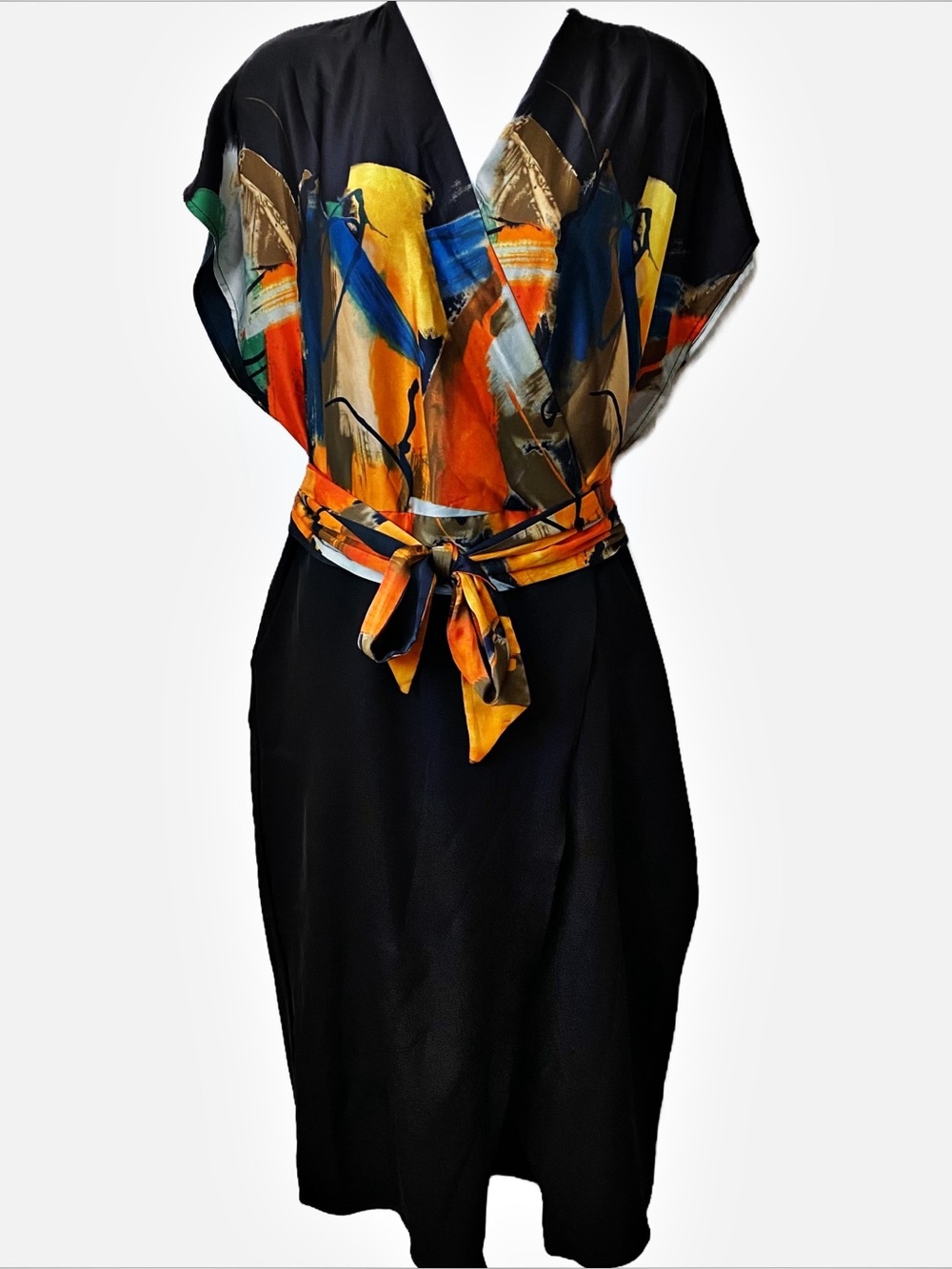 X&X, V-Neck Kimono Style Abstract Faux Wrap Dress with Waist Tie Minimalist